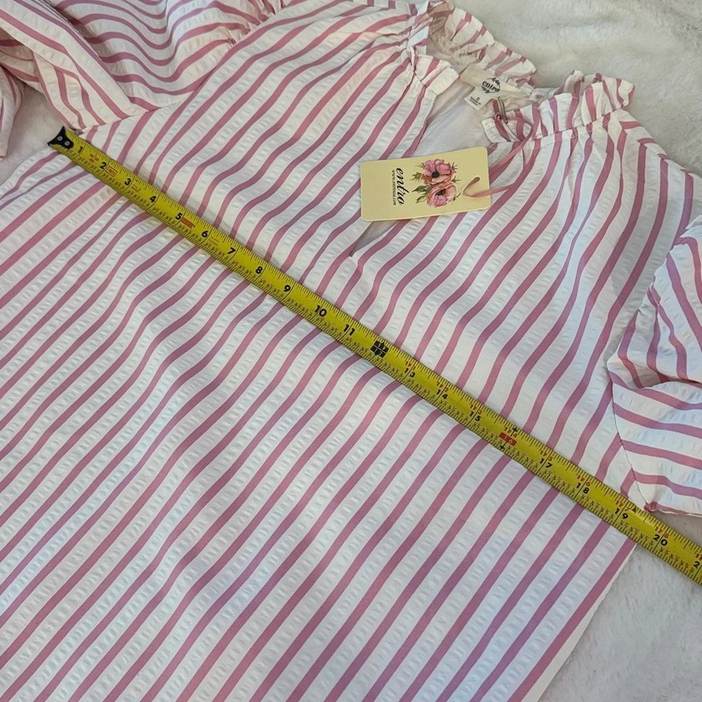 Entro White & Pink Stripe SearSucker Mini Dress, Exaggerated Balloon Sleeves - Picture 13 of 16